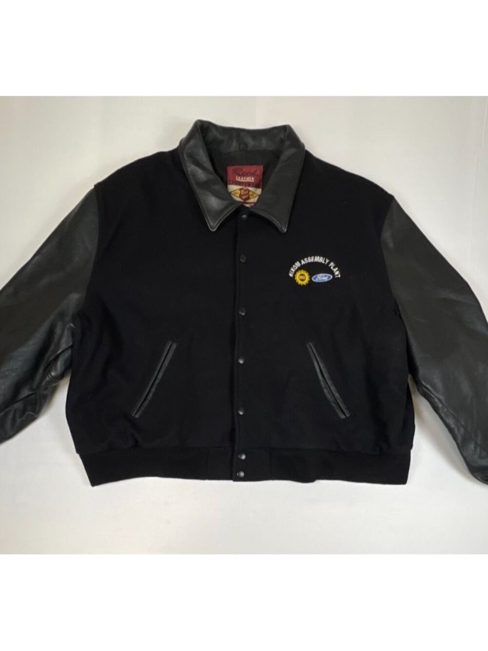 Vintage Reed Men 2X Varsity Jacket Black Wool Leather Sleeve Made in USA Ford